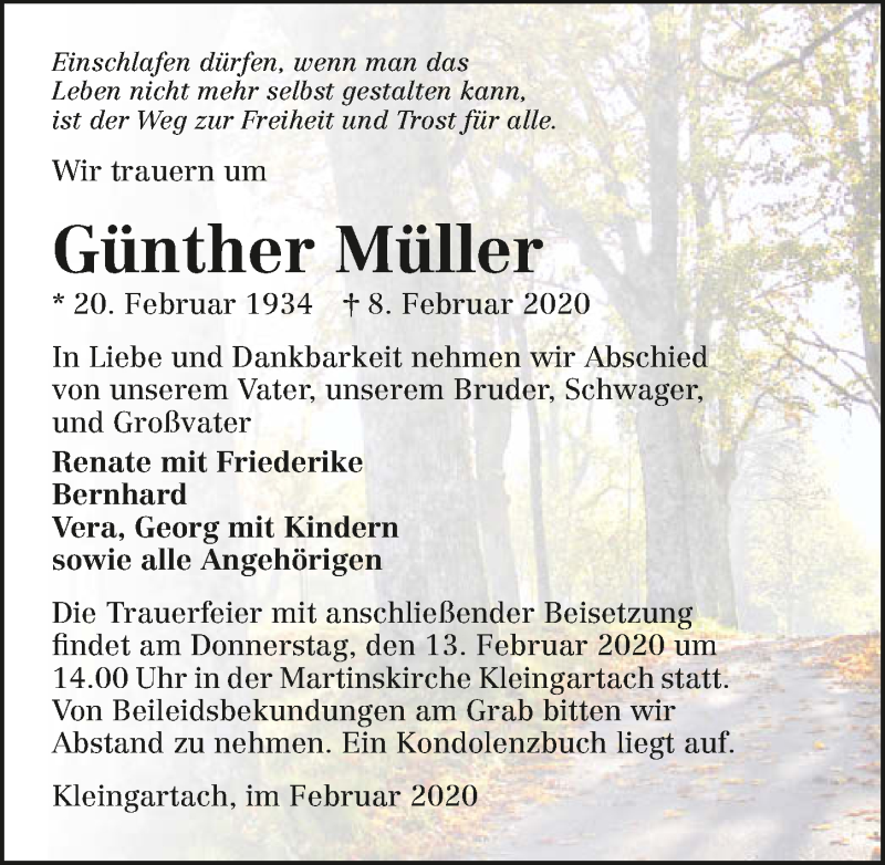 Traueranzeige für Günther Müller vom 12.02.2020 aus 