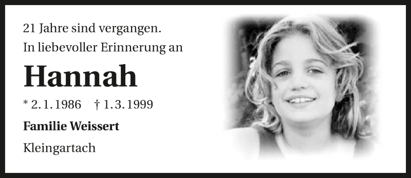  Traueranzeige für Hannah  vom 29.02.2020 aus 