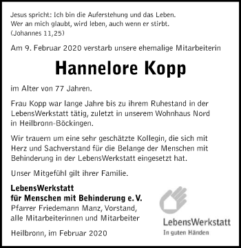 Traueranzeige von Hannelore Kopp 