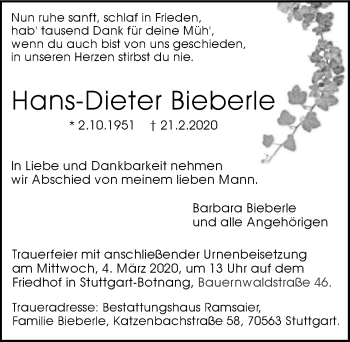 Traueranzeige von Hans-Dieter Bieberle 