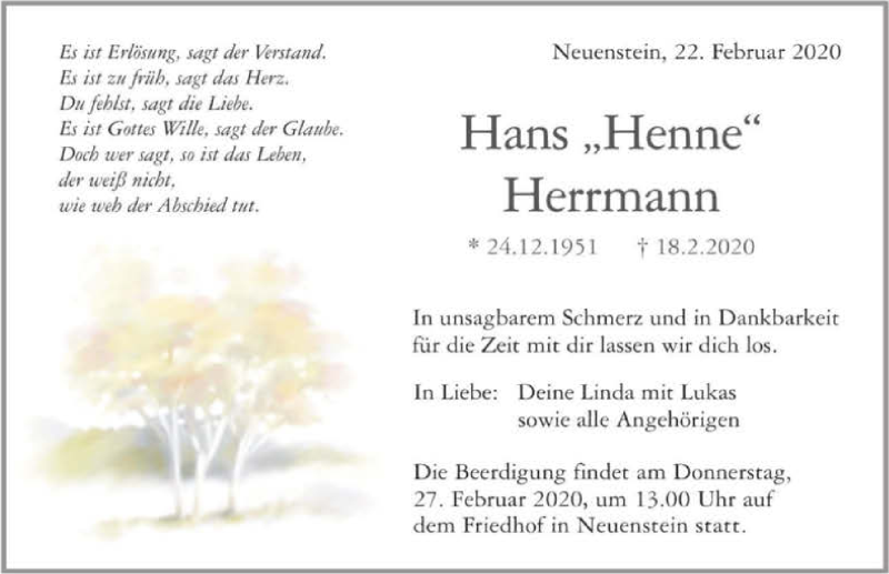  Traueranzeige für Hans Herrmann vom 22.02.2020 aus 