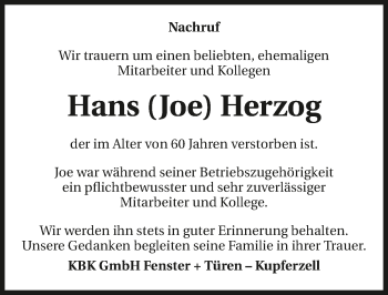 Traueranzeige von Hans Herzog 