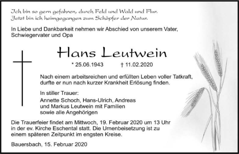  Traueranzeige für Hans Leutwein vom 15.02.2020 aus 