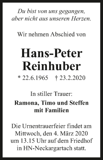 Traueranzeige von Hans-Peter Reinhuber