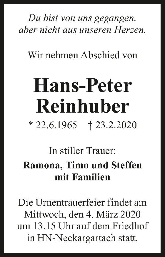  Traueranzeige für Hans-Peter Reinhuber vom 29.02.2020 aus 