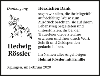 Traueranzeige von Hedwig Rössler 