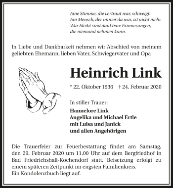 Traueranzeige von Heinrich Link 