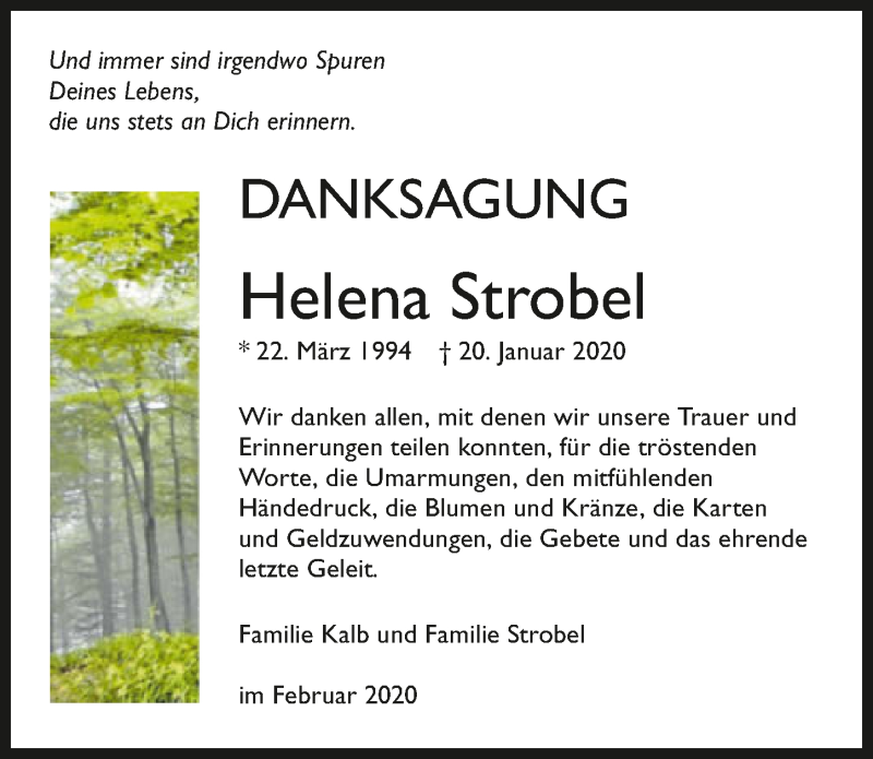  Traueranzeige für Helena Strobel vom 22.02.2020 aus 
