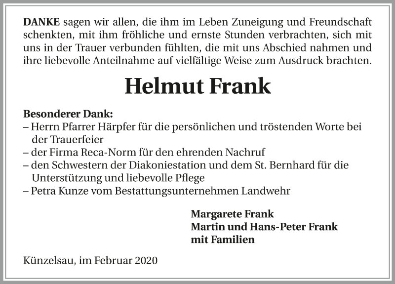  Traueranzeige für Helmut Frank vom 22.02.2020 aus 