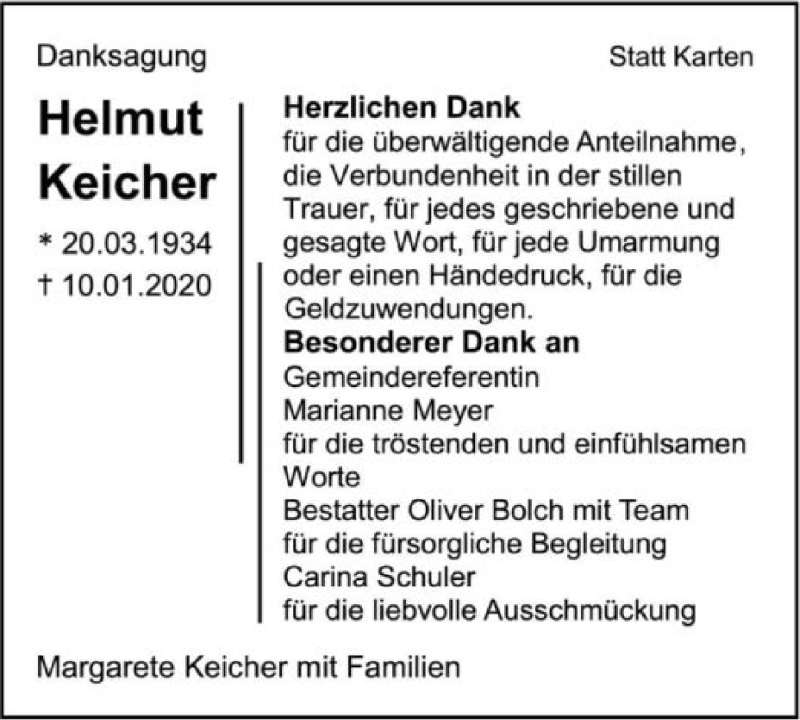  Traueranzeige für Helmut Keicher vom 08.02.2020 aus 