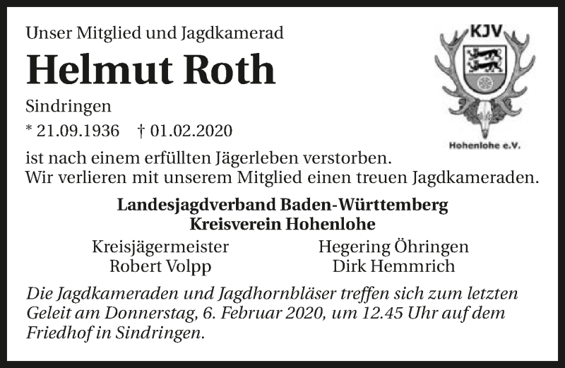  Traueranzeige für Helmut Roth vom 04.02.2020 aus 