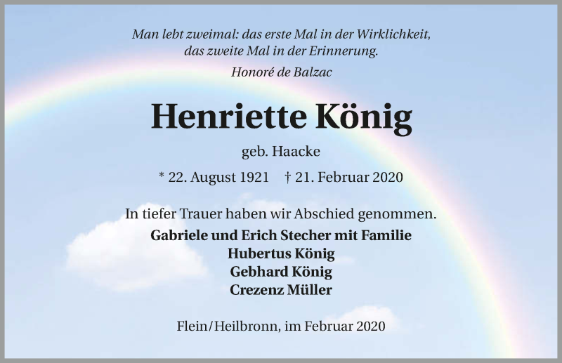  Traueranzeige für Henriette König vom 29.02.2020 aus 
