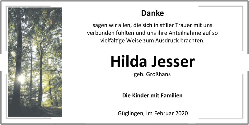  Traueranzeige für Hilda Jesser vom 22.02.2020 aus 