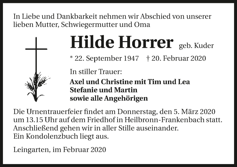  Traueranzeige für Hilde Horrer vom 26.02.2020 aus 