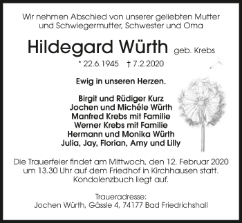 Traueranzeige von Hildegard Würth 