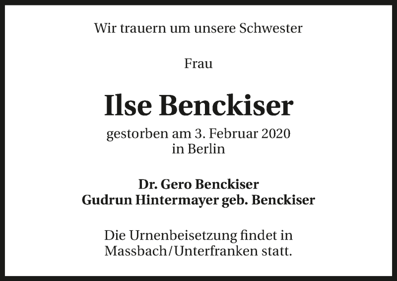  Traueranzeige für Ilse Benckiser vom 22.02.2020 aus 