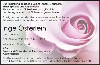 Traueranzeige von Inge Österlein 