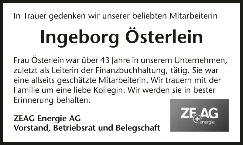  Traueranzeige für Ingeborg Österlein vom 29.02.2020 aus 