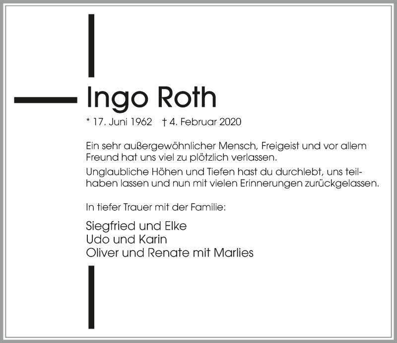  Traueranzeige für Ingo Roth vom 13.02.2020 aus 