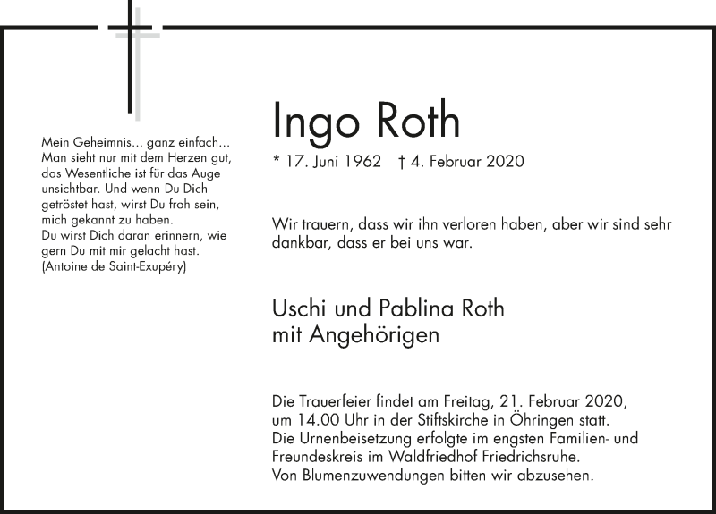 Traueranzeige für Ingo Roth vom 13.02.2020 aus 