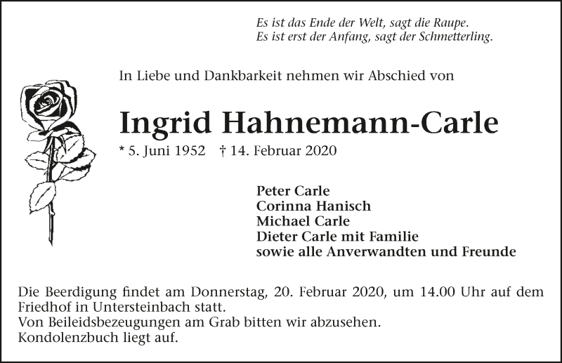  Traueranzeige für Ingrid Hahnemann-Carle vom 18.02.2020 aus 