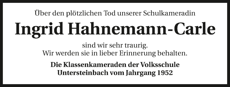  Traueranzeige für Ingrid Hahnemann-Carle vom 19.02.2020 aus 