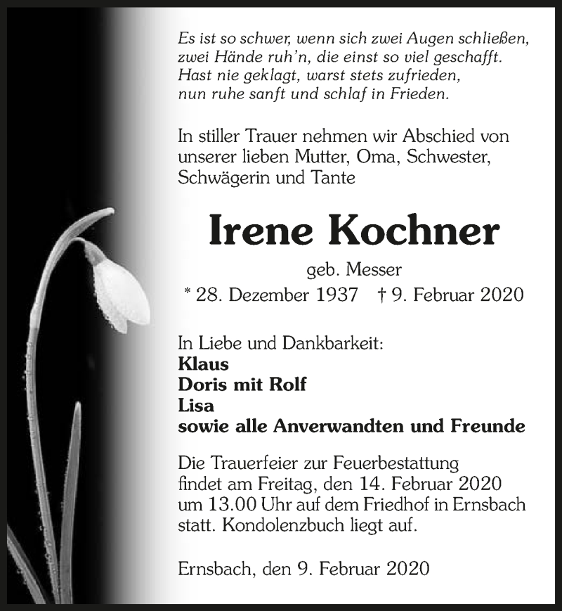  Traueranzeige für Irene Kochner vom 11.02.2020 aus 