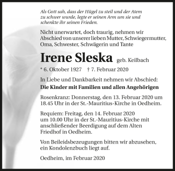 Traueranzeige von Irene Sleska 