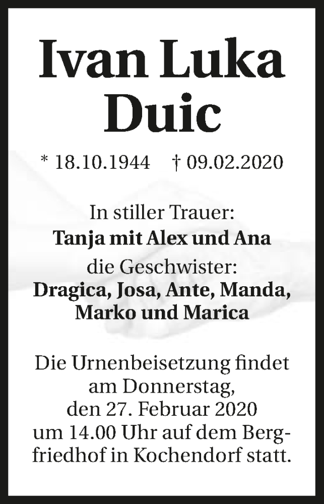  Traueranzeige für Ivan-Luka Duic vom 22.02.2020 aus 