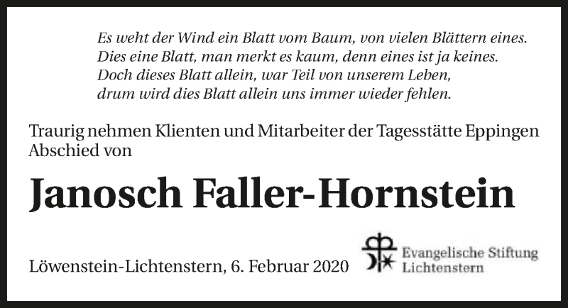  Traueranzeige für Janosch Faller-Hornstein vom 08.02.2020 aus 