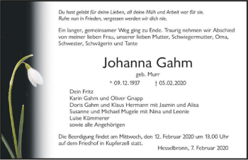 Traueranzeige von Johanna Gahm 