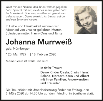 Traueranzeige von Johanna Murrweiss 