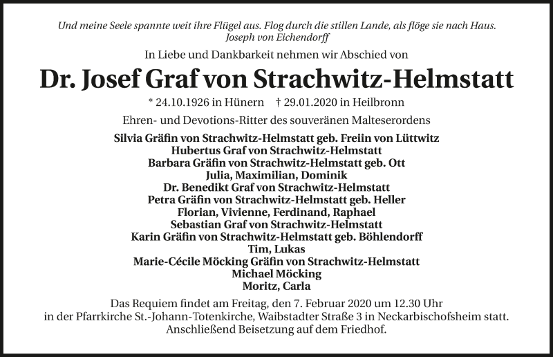  Traueranzeige für Josef von Strachwitz-Helmstatt vom 04.02.2020 aus 