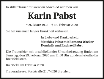 Traueranzeige von Karin Pabst 