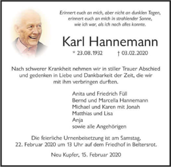 Traueranzeige von Karl Hannemann 