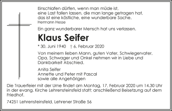 Traueranzeige von Klaus Seifer 