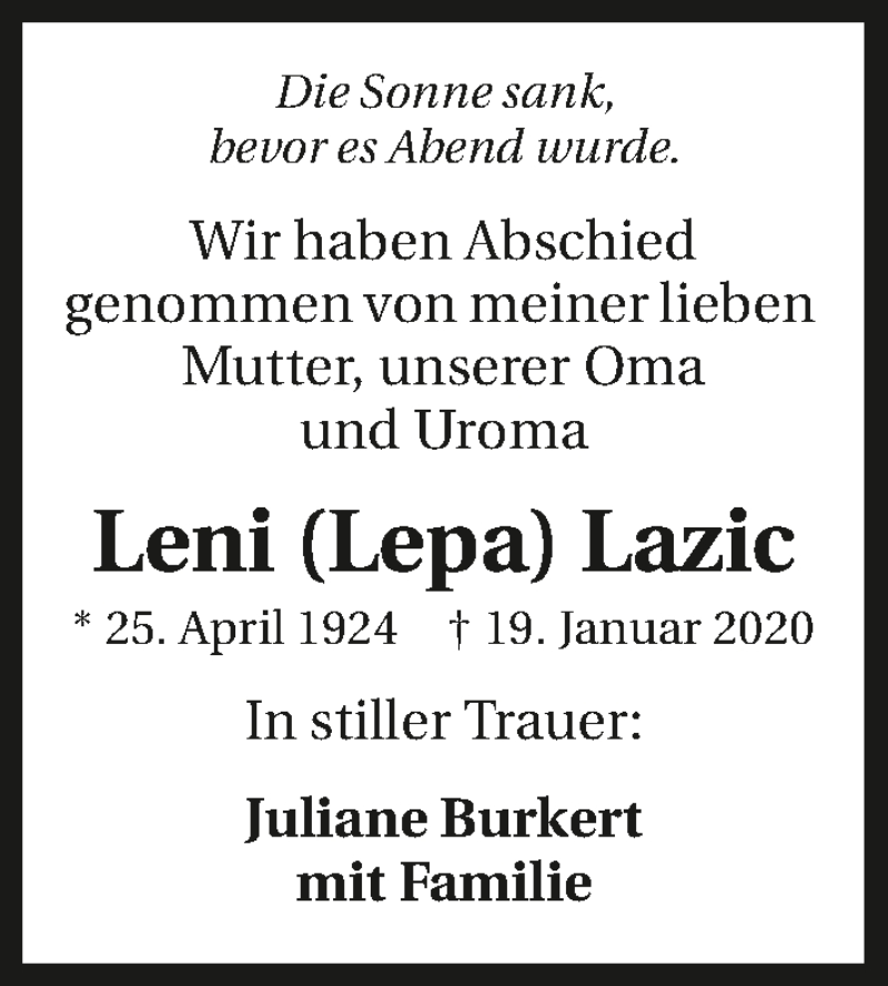  Traueranzeige für Leni Lazic vom 22.02.2020 aus 
