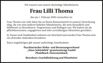 Traueranzeige von Lilli Thoma 
