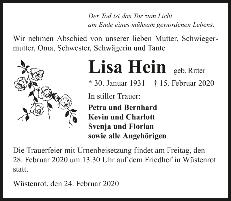  Traueranzeige für Lisa Hein vom 24.02.2020 aus 
