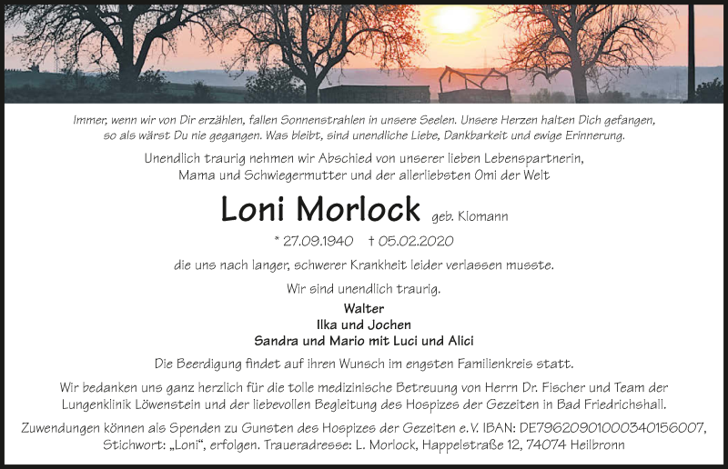  Traueranzeige für Loni Morlock vom 08.02.2020 aus 