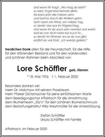 Traueranzeige von Lore Schöffler 