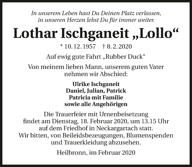  Traueranzeige für Lothar Ischganeit vom 15.02.2020 aus 