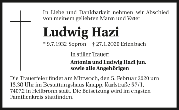 Traueranzeige von Ludwig Hazi 
