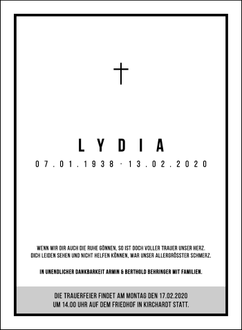 Traueranzeige von Lydia Behringer 