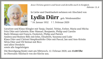 Traueranzeige von Lydia Dürr 
