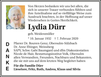Traueranzeige von Lydia Dürr 