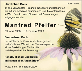 Traueranzeige von Manfred Pfeifer 