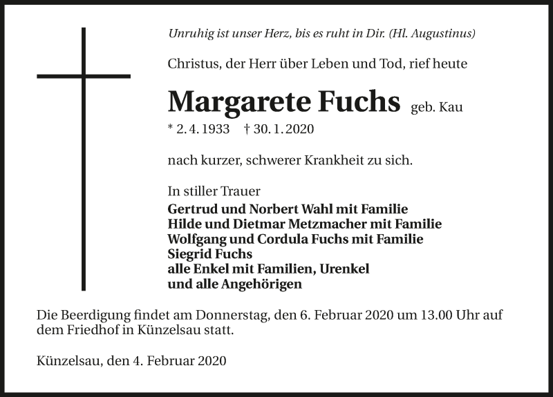  Traueranzeige für Margarete Fuchs vom 04.02.2020 aus 