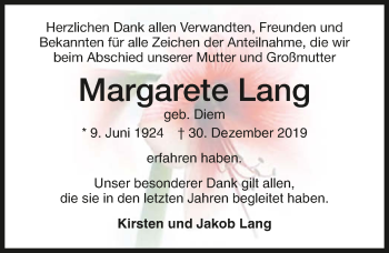 Traueranzeige von Margarete Lang 