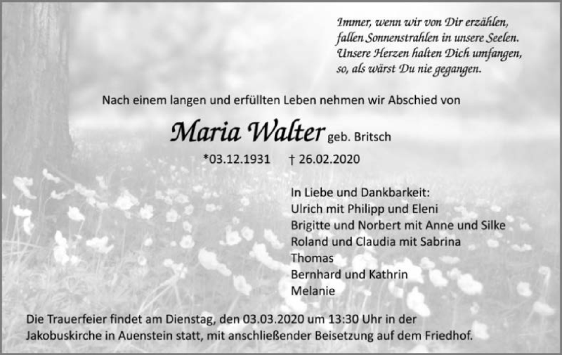  Traueranzeige für Maria Walter vom 28.02.2020 aus 
